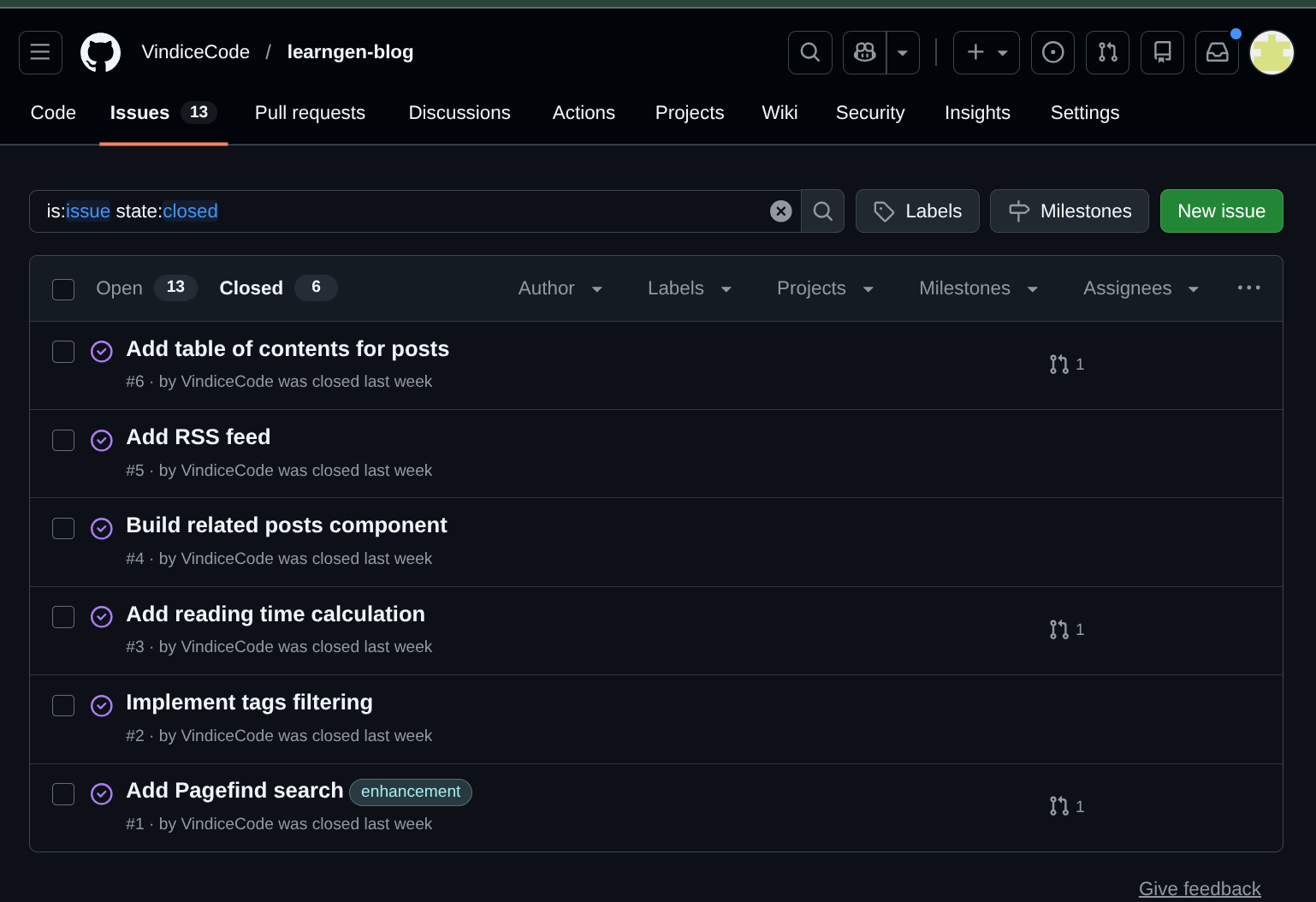 Closed GitHub issues for the blog features